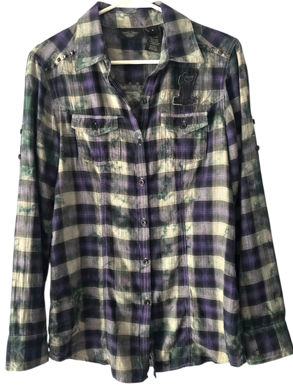 Harley-Davidson Studded Plaid Button Up Shirt Small Purple Moto Biker Cotton